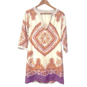 J crew lined linen dress size 0. Purple tan, beige orange.